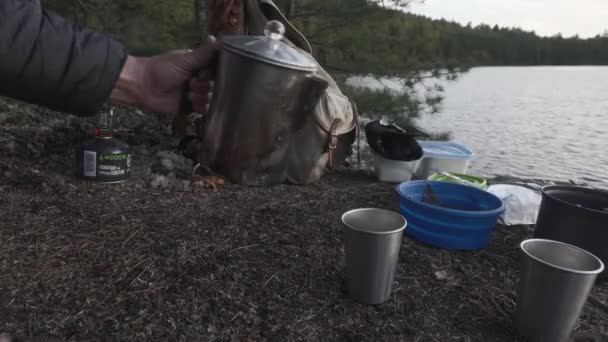 Pouring Coffee Backcountry Camping Northern Ontario Crownlands — Video Stock
