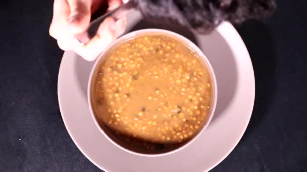 Hand Stirring Eating Bean Soup Spoon Bowl — Wideo stockowe