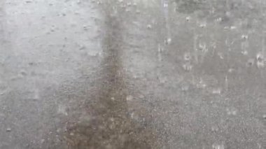 Heavy raindrops fall on the asphalt road