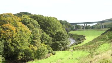 A modern road bridge passing over the traditional stone bridge, Dunbeath Strath, Scottish Highland