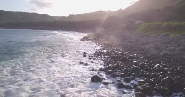 Drone View Coastline Batanes Island Philippines Waves Wash Rocky Shore — Vídeos de Stock