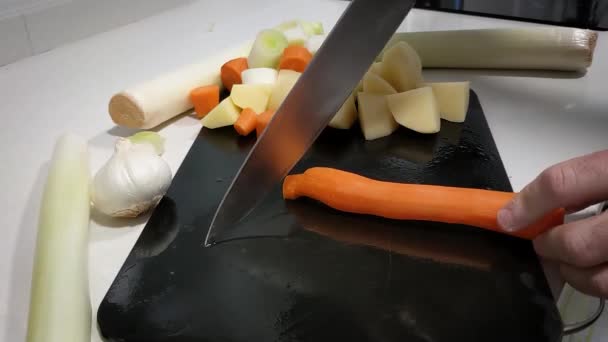 Cutting Board Vegetables Knife Cutting Carrot Slow Motion — Vídeo de Stock