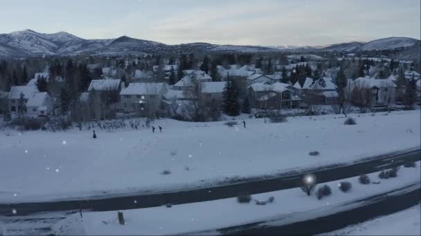 雪の中の小さな町の空中風景 — ストック動画