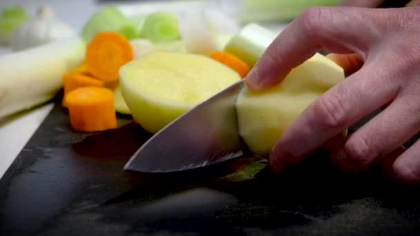 Cutting Board Vegetables Knife Cutting Potato Slow Motion — Vídeo de Stock