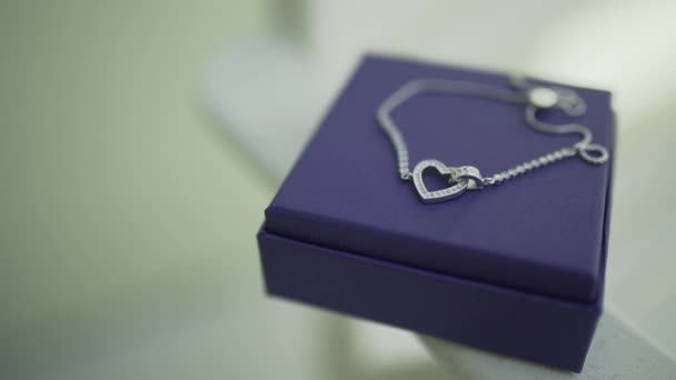 Closeup Shot Heart Necklace Blue Small Box — Stock videók