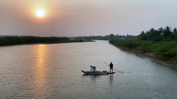 Boat Floating River Sunset — Stok video