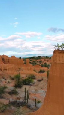 A vertical drone footage of the Tatacoa Desert in Huila, Colombia