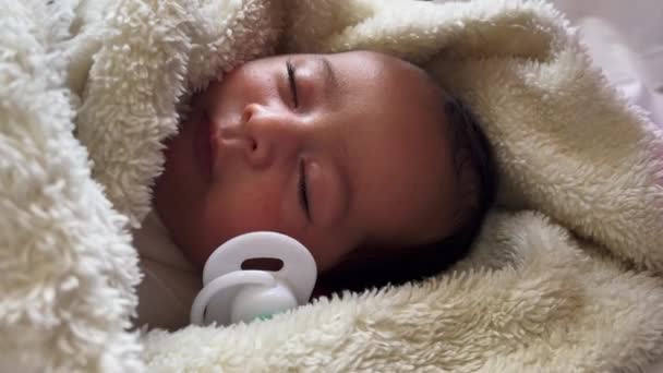 Sweet Peaceful Baby Lying White Bedsheet Enjoy Daytime Nap Indoors — Stock Video