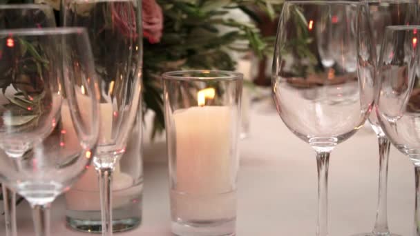 Close View Burning Candle Table Set Ready Party — Vídeos de Stock