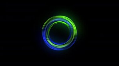 The abstract circular motion of green and blue lights on a black background