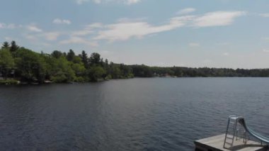 A beautiful aerial view of a calm lake surrounded by lush green trees under a bright sky on a sunny day