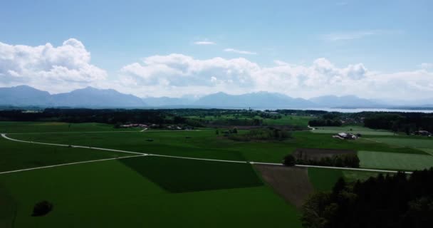 Aerial Distant View Chiemsee Lake Road Fields Bavaria Germany — Wideo stockowe