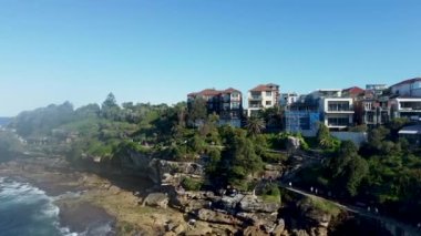 The drone footage of Bondi to Bronte coastal walk. Tourist attraction in Australia.