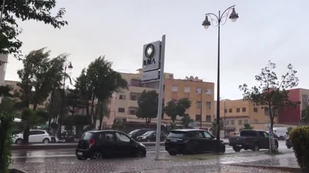 暴风雨天气里 很少有汽车停在路边 — 图库视频影像