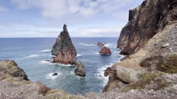 Coastline Madeira Showing Sea Beaches Rocks Sky People — Stockvideo