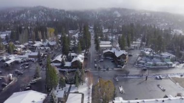 An aerial view of the Big Bear city in California during winter