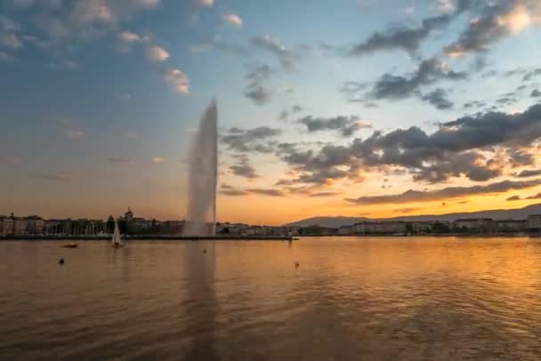 Timelapse Sunset Geneva Fountain Switzerla — Vídeo de stock