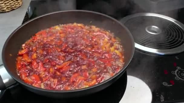 赤ワインソースで鍋に沸騰甘いコショウ 玉ねぎとハーブ 蒸気はストーブの中のフードによって抽出されます — ストック動画