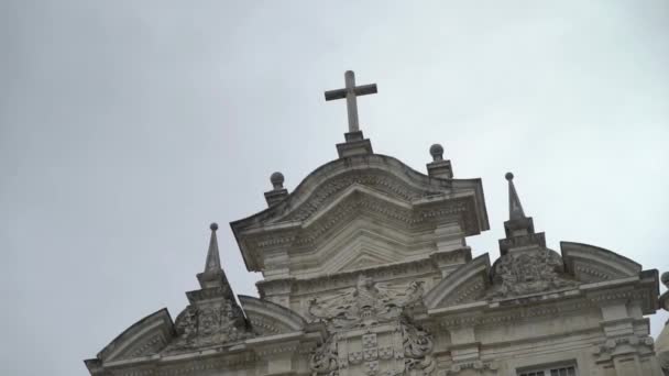 Low Angle Shot Cross Top Ancient Church Sky — Stockvideo