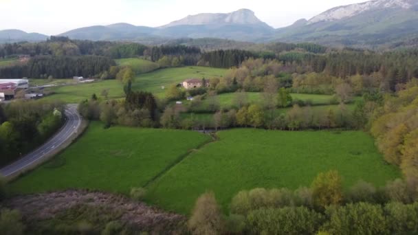 Εναέρια Πλάνα Από Πράσινα Λιβάδια Και Λιβάδια Στη Χώρα Basque — Αρχείο Βίντεο