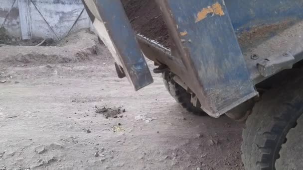 Dump Truck Unloads Sand Construction Aerial View Heavy Truck Pours — Vídeos de Stock