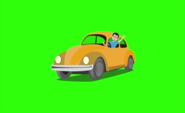 A man driving a car waving his hand on a green screen background