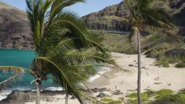 An aerial footage of Makapuu Beach on the Island of Oahu in the Hawaiian Islands