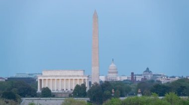 A 4k timelapse at night of the Lincoln Memorial, Washington Monument, and the US Capitol from Netherlands Carillon in Arlington.