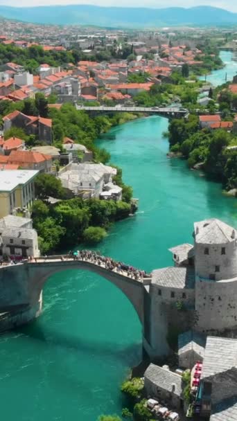 Vertical Aerial Footage Crowded Stari Most Also Called Mostar Bridge — Stok Video