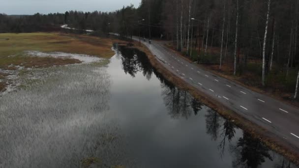 スウェーデンのFalunにある苔むした湖と森を通るロードバイクのある小さな道路の空中ビュー — ストック動画