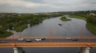 An aerial view of the Petras Vileisis Bridge in Kaunas, Lithuania