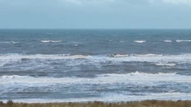 Rough waves of the North sea close to the beach with beach grass in foreground