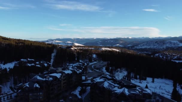 Aerial View Blue Evening Sky Town Breckenridge Colorado Rocky Mountains — Stock video