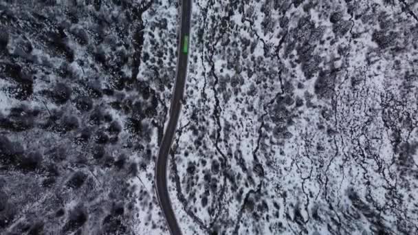 Красивые Кадры Беспилотника Зеленым Автобусом Дороге Проходящей Через Зимний Лес — стоковое видео