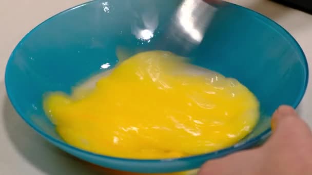 Closeup Person Stirring Eggs Blue Jar Kitchen — Video Stock