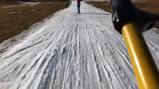 Young Man Snowboarding Ski Track Pine Trees Ski Resort — Video Stock
