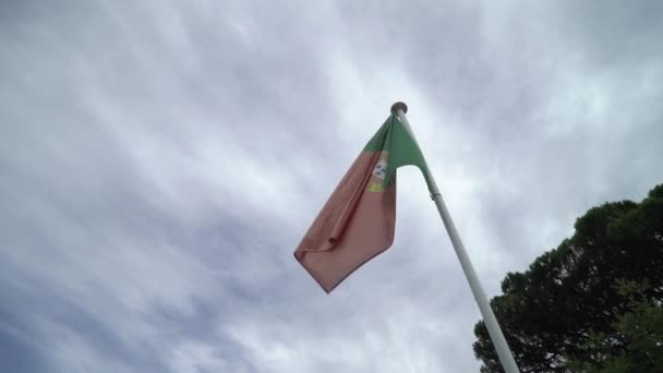 Low Angle Shot Waving Portuguese Flag Cloudy Sky Background — Stockvideo