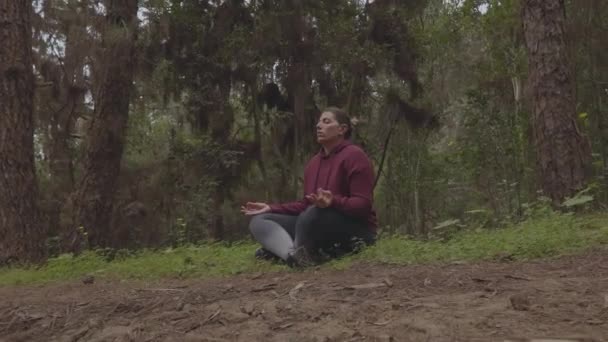 Caucasian Female Meditating Enjoying Light Wind Forest — Vídeos de Stock