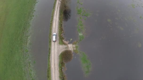 Areal View Car Driving Small Road Next Lake — Wideo stockowe
