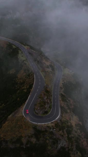 Vertical Aerial Footage Red Car Driving Swirling Road Two Positions — Stok video