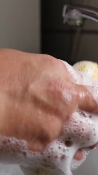 Vertical Footage Hand Washing Dish Sink Kitchen — Video Stock