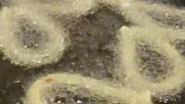 Closeup Shot Deep Fried Churros Boiling Pan — Stock Video
