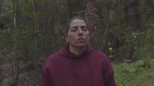 Caucasian Female Meditating Enjoying Light Wind Forest — Video Stock