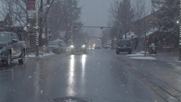 View Falling Snow Road — Stockvideo