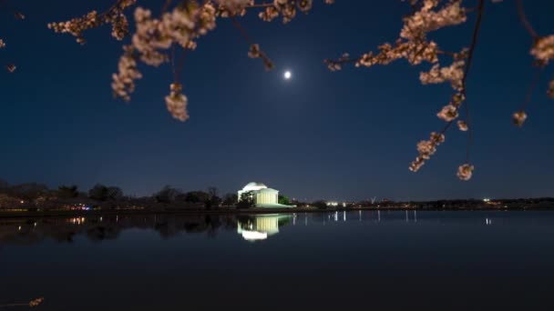 Nighttime Time Lapse Full Moon Tidal Basin Jefferson Memorial Peak — Vídeo de Stock