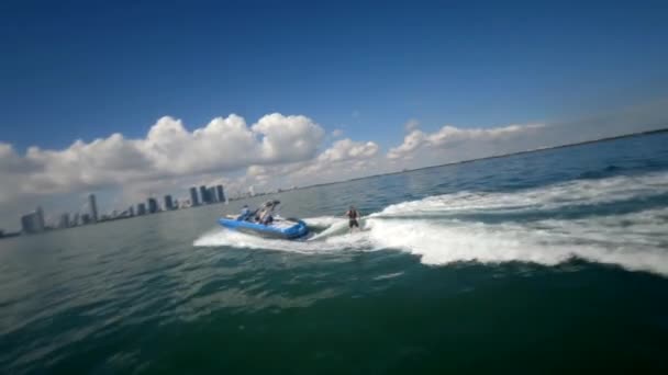 Beautiful Drone Shot Man Skim Boarding Miami Florida Blue Boat — Stock Video