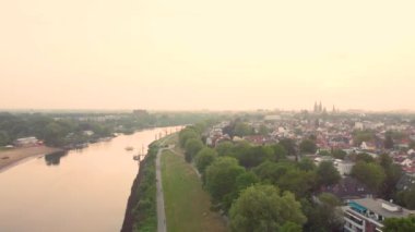 An aerial view of the Weser river in the Bremen, Germany
