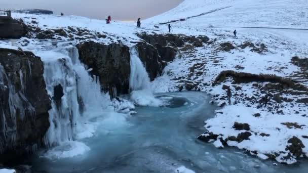 Iceland Grundarfjordur Winter Time Waterfall Ice Snow — Stockvideo