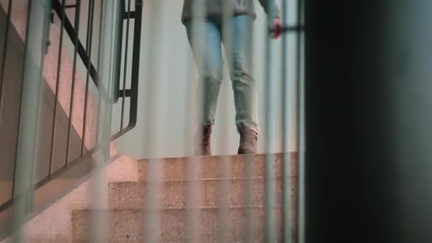 Woman Walking Stairs Stairway Normal Pace Wearing Blue Jeans — Stok video