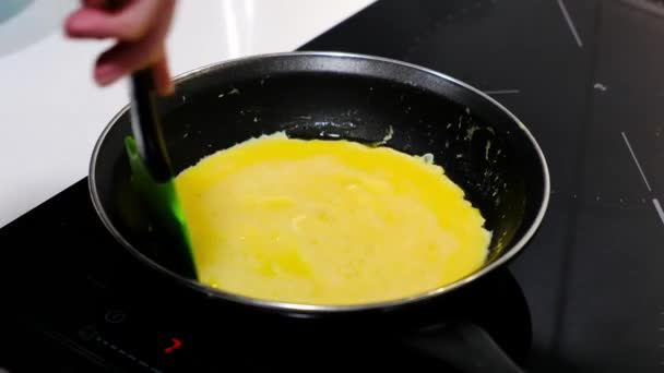 Closeup Person Making Omelet Pan Stove — Video Stock